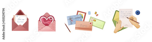 Various envelope with mail, postmarks postcards set. Craft paper letters, handmade greeting cards