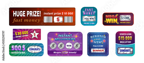 Instant scratching lottery winner tickets with cash award set. Lucky gamble coupons