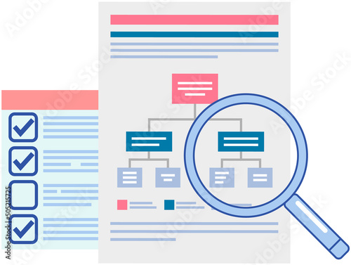 Looking at flow diagram drawn on tablet. Workflow process chart or scheme, strategic planning, business system or structure. Business process diagram, development plan under magnifying glass