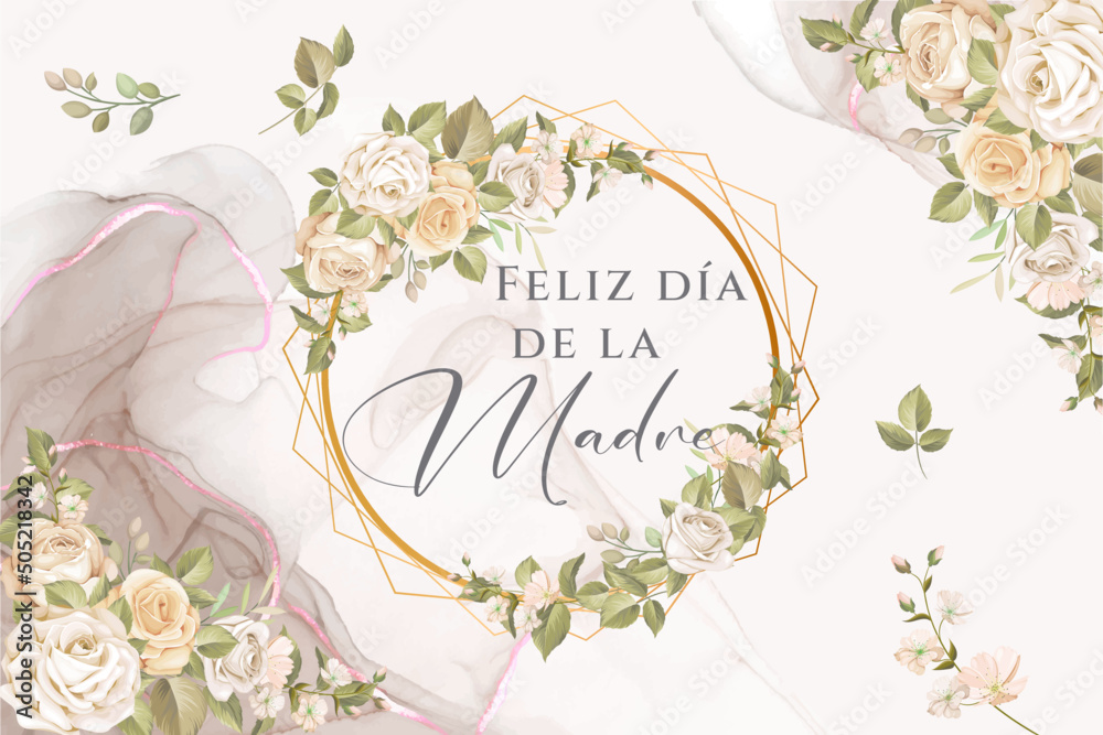 tarjeta o pancarta para el día de la madre en gris en un círculo con rosas sobre un fondo degradado morado y rosa y las mismas flores blancas por todas partes