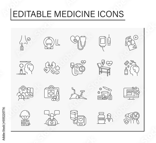 Medicine line icons set. Clinical trials, consultation with doctor, MRI. Healthcare concept.Isolated vector illustrations. Editable stroke