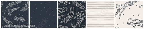 Tiger, wild cat seamless pattern set. Ethnic boho vector design with exotic animals in trendy neutral earth colors.