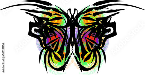 Tribal multicolored buttterfly wings for holidays or events. Grunge scary butterfly for fashion trends, textiles, wallpaper, interior solutions, fabric, prints on T-shirts, emblems on shields, etc. photo
