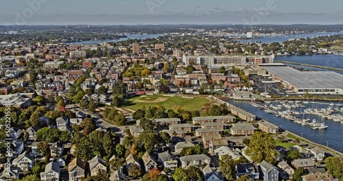 Salem Massachusetts Aerial v11 drone flyover beautiful coastal residential neighborhood overlooking at palmer cove park and downtown cityscape - Shot with Inspire 2, X7 camera - October 2021 photo