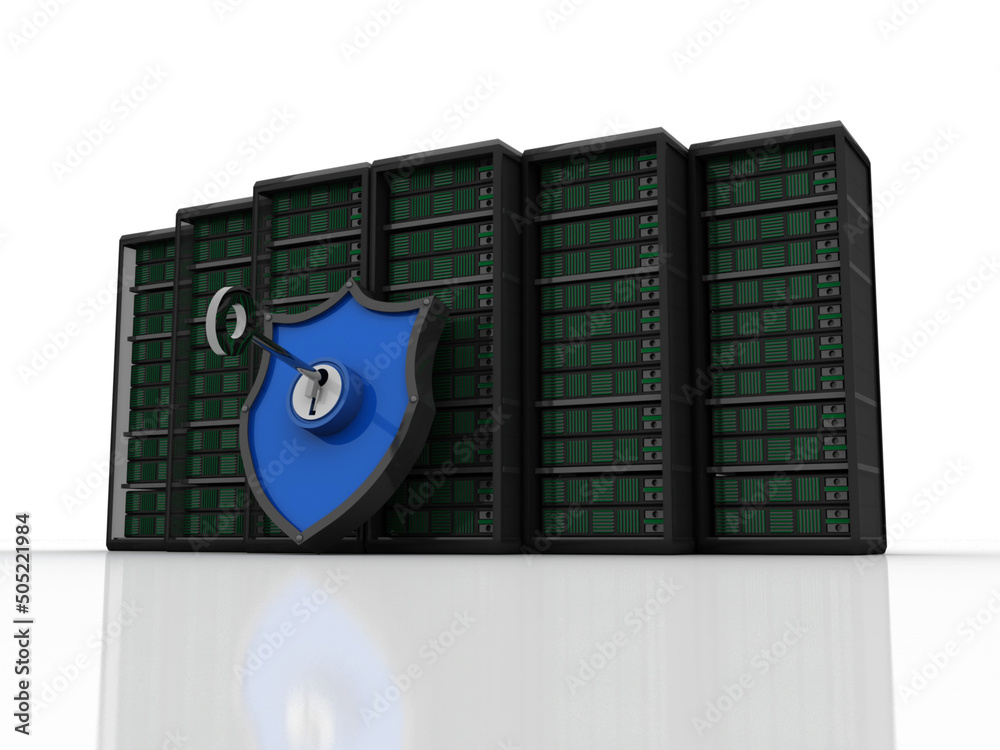 3d illustration Data center server protection shield key
3d illustration Data center server protection shield key