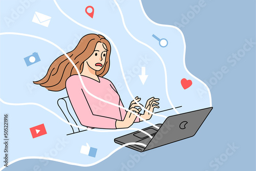 Girl overloaded with information browsing internet 