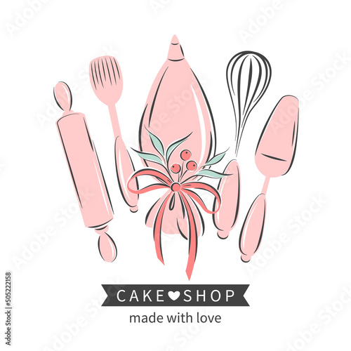 Cake and bread shop logo. Set of tools for making cakes, cookies and pastries. Vector illustration for menu, recipe book, baking shop, cafe.