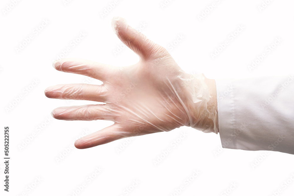 Medical glove. Surgery doctor hand. Medicine healthcare operation equipment. Specialist clean hospital arm. Sanitation protection gesture. Sterile hygiene concept. White transparent color Medical glove. Surgery doctor hand. Medicine healthcare operation equipment. Specialist clean hospital arm. Sanitation protection gesture. Sterile hygiene concept. White transparent color