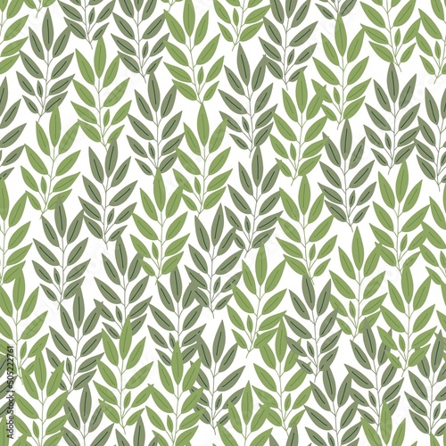 Green leaves seamless pattern vector illustration, repeat ornament for textile, gift paper, fabrics, eco-friendly environmental concept