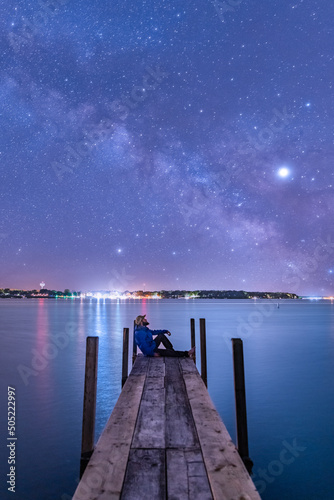 Stargazing At Lake On A Dock