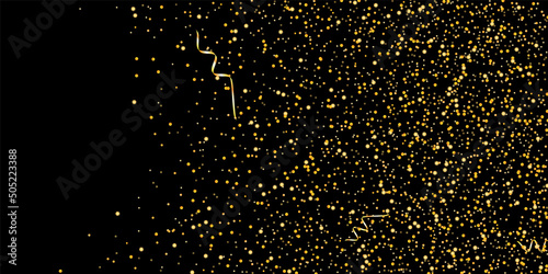 Gold glitter confetti on a black background. Serpentine. Shiny particles are scattered, sand. Decorative element. Luxury background for your design, postcards, invitations, vector