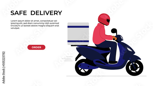 Stock vector hand drawn flat illustration delivery courier on motorcycle web page concept