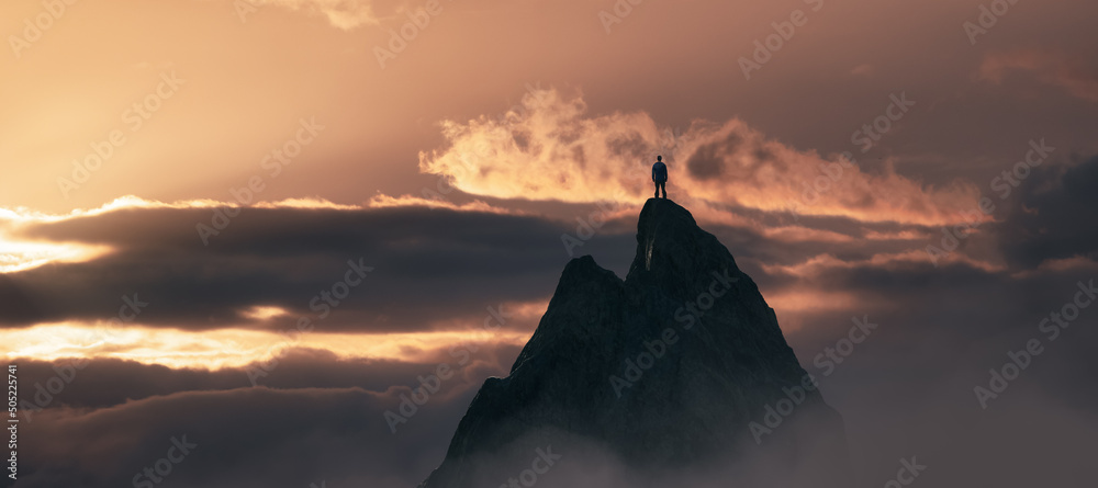 Adventurous Man Hiker Standing on top of a rocky mountain overlooking the dramatic landscape at sunset. 3d rendering peak. Background dramatic Cloudscape. Adventure Concept Artwork - obrazy, fototapety, plakaty 