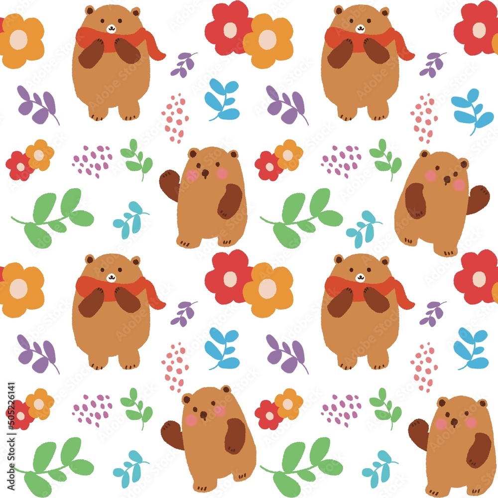 Fototapeta premium seamless pattern with cute bear ,leaves and flower. Cute background.