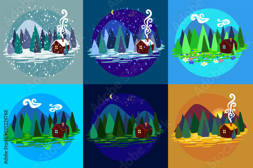 Rural landscape with a house of spruce forest and mountains. Seasons, times of day. Day, night. Winter, spring, summer, autumn