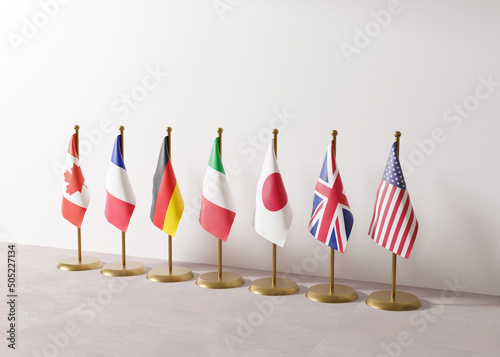 Flags of G7, group of seven countries: Canada, France, Germany, Italy, Japan, UK, USA. G7 summit is an inter-governmental political forum. World economy, global trade, economic policy. 3d rendering. photo
