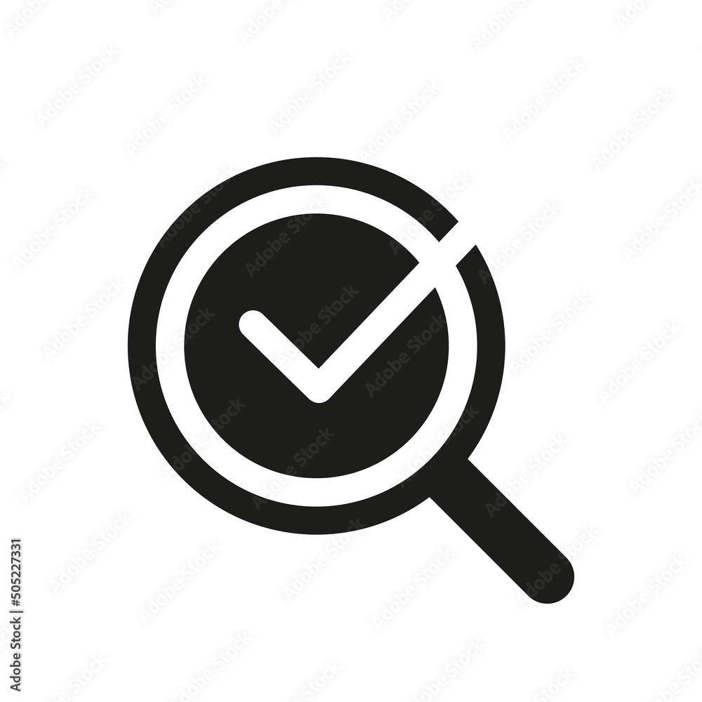 Black Magnifier with ok tick. Magnifying glass icon. Search and found button for web pages. illustration. Black Magnifier with ok tick. Magnifying glass icon. Search and found button for web pages. illustration.