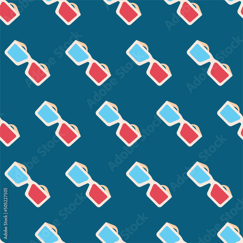Hipster 3d anaglyph red and blue cinema glass icon. Flat retro seamless pattern, cover illustration.