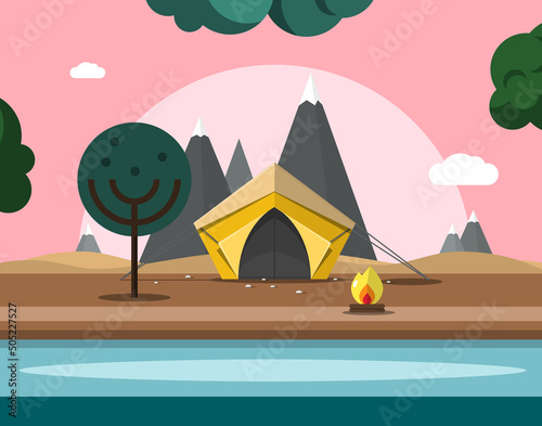Evening or morning landscape with lake or river on foreground and tent with mountains on background - vector
