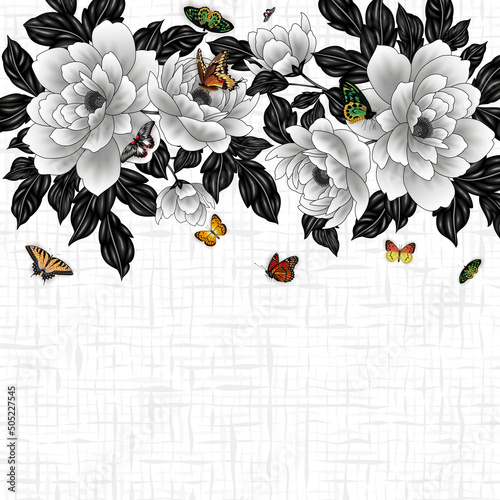 Illustration of floral card template with monochrome flowers, leaves and colorful butterflies. Elegant background for invitation card, save the date, greeting, poster, cover and web design
