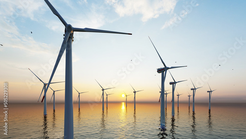 3840x2160 4K. Offshore wind turbines farm on the ocean. Sustainable energy production, clean power, windmill. 3D Animation. 
