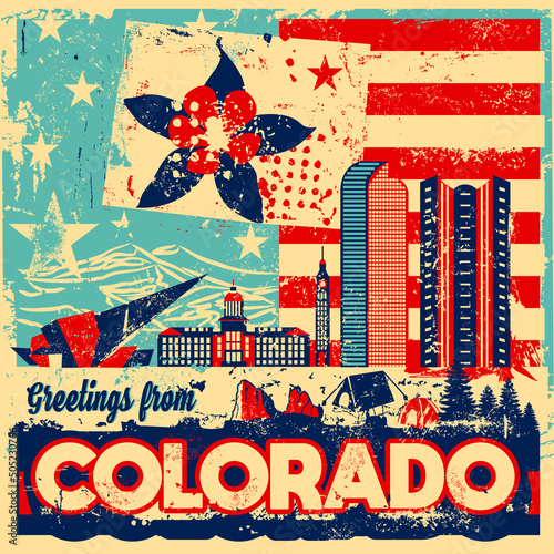 An abstract vector grunge poster illustration on Greetings from Colorado
 photo