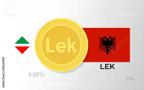 Coin with lek sign and Albania flag. Rise and fall chart template of exchange rate or currency exchange with precious metals. Currency exchange concept for web design