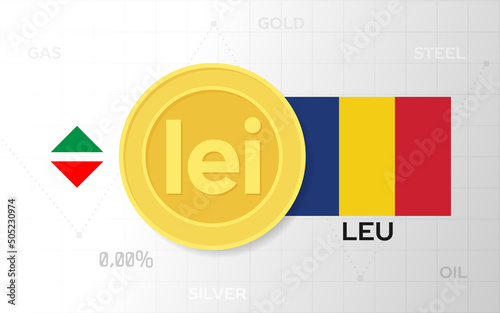 Coin with the sign leu and the flag of Romania. Rise and fall chart template of exchange rate or currency exchange with precious metals. Currency exchange concept for web design