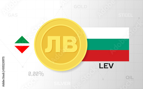 Coin with the sign lev and the flag of Bulgaria. Rise and fall chart template of exchange rate or currency exchange with precious metals. Currency exchange concept for web design