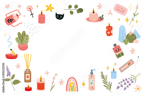 Concept of comfort and coziness, frame with cozy items. Vector trendy illustrations, scandinavian hygge cartoon style.