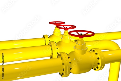 Yellow gas pipe with a crane goes along the facade of a new multi-storey building. House connected to gas for domestic use