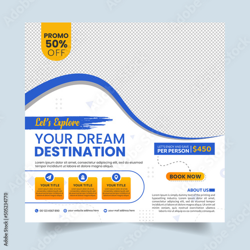 Creative travel and vacation square social media post flyer template.