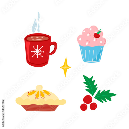 Vector set of elements with a cup of cocoa  cake  holiday cake and mistletoe in cartoon style. Children s illustration with cute animals for postcards  posters  design  fabrics.