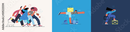 Startup illustrations set. Flat line vector modern concept illustration of people, startup metaphor. Concept of building new business, planning, strategy, teamwork and management. Company processes