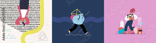 Startup illustrations set. Flat line vector modern concept illustration of people, startup metaphor. Concept of building new business, planning, strategy, teamwork and management. Company processes