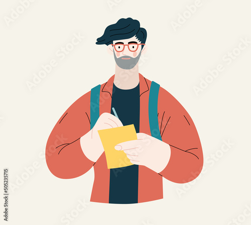 People portrait - Student -Modern flat vector concept illustration of a young male student, half-length portrait, user avatar. Creative landing web page illustartion