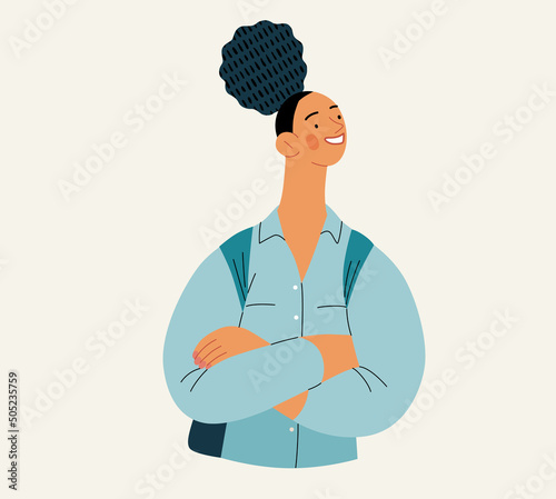 People portrait - Student -Modern flat vector concept illustration of a young female student, half-length portrait, user avatar. Creative landing web page illustartion
