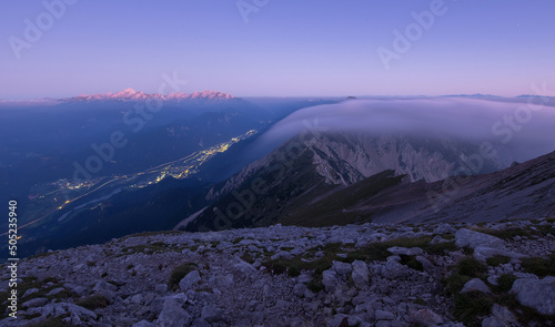 Twilight before sunrise over Triglav in Julian Alps