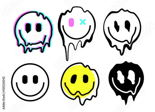 Melting smile emoji icons. Melted funny smile face. Dripping smile. Good mood positive emoji.