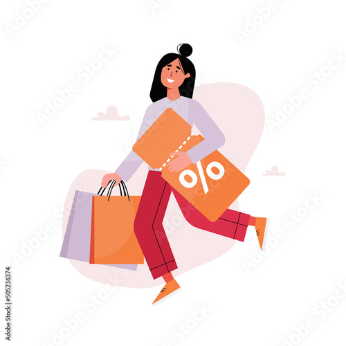 Young woman is happily running with purchases and discount coupon. Discount, sale, customer bonus concept. Vector concept illustration in flat cartoon style. 