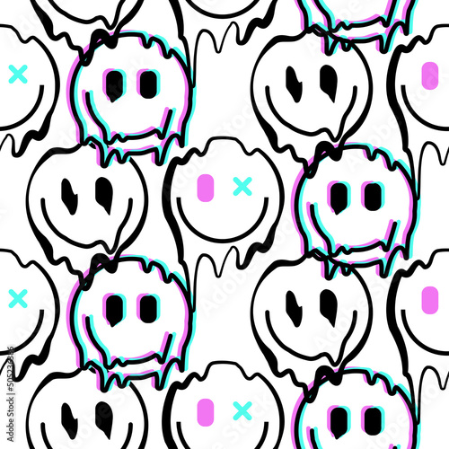 Melting smile emoji icons seamless pattern. Melted funny smile face. Dripping smile. Good mood positive emoji.