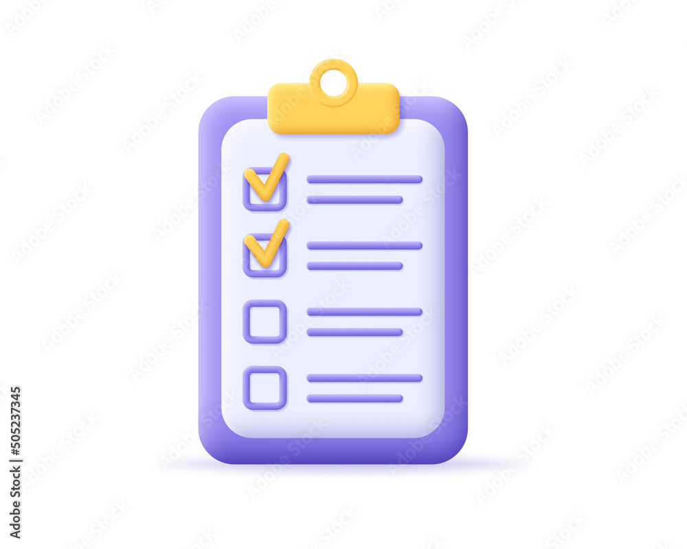 Check list on clip board 3d icon. Render clipboard with document, checklist. Business, office and education concept. 3d vector cartoon minimal illustration