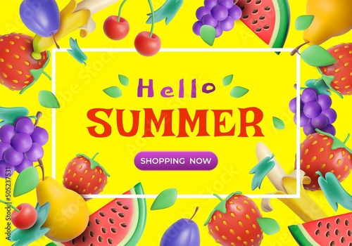 Hello Summer Shopping Now Ads Banner Concept Poster Card with 3d Plasticine Fruit and Berry . Vector illustration