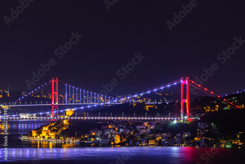 Fototapeta Naklejka Na Ścianę i Meble -  Fatih Sultan Mehmet Bridge, 15 July (Bosphorus) Bridge and Bosphorus night view