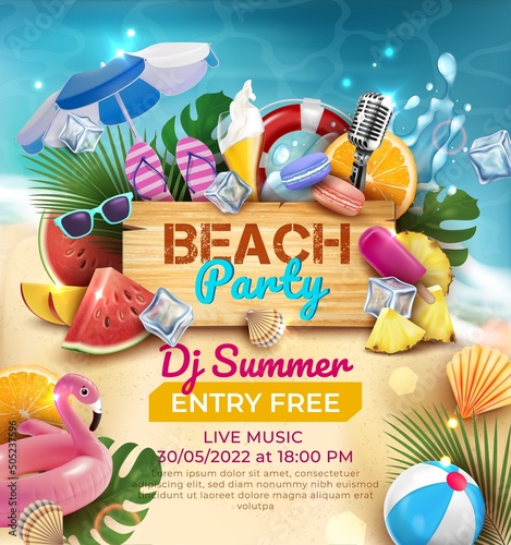 Beach Party Entry Free Invitation Live Music Ads Banner Concept Poster Card. Vector illustration of Event Flyer