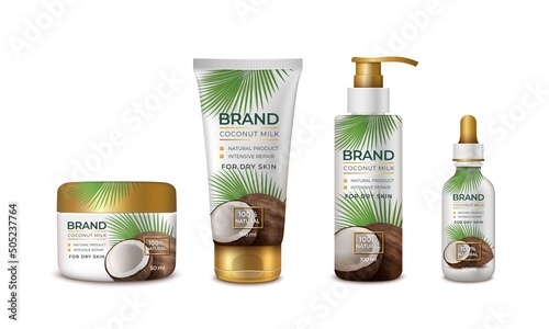 Realistic Detailed 3d Coconut Natural Cosmetics Bottle Set. Vector illustration of Cosmetic Product with Coco Nut