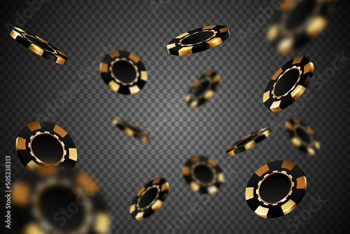 Black gold casino chips falling in different positions on transparent background. Golden poker chips isolated backdrop with defocused blur elements