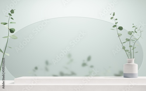 Podium display for product presentation with leaves, 3d render, 3D illustration