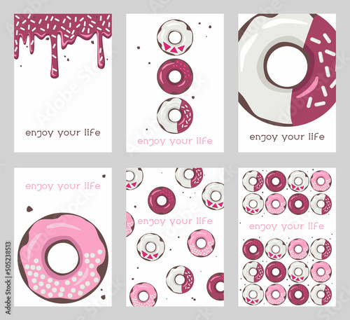 Bright cards with donuts. Donuts with colored glaze and sweets. Seamless drawing, background, postcard, poster. Template for design. Dark pink and pink colors. Vector graphic.