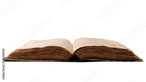 Obraz na płótnie Single old worn jewish book. Open pages of Torah isolated on white background. Closeup. Selective focus. w salonie